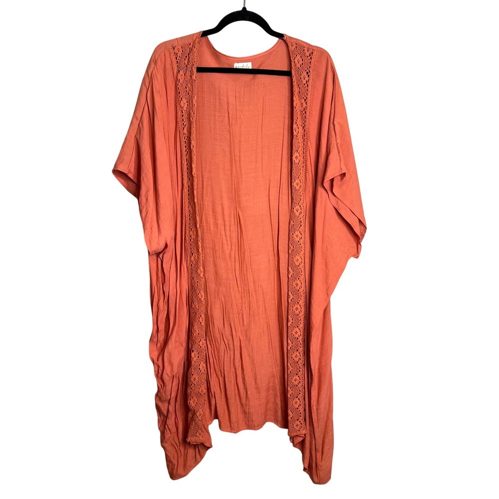 Wonderly Kimono Wrap One Size Cover Up Coral Crochet Lace Trim Boho Oversized